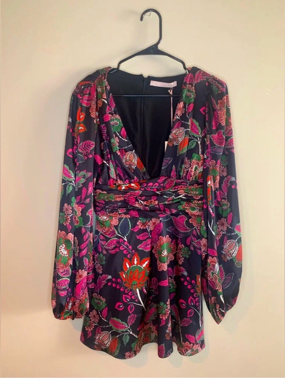 Anthropologie Black Floral Wrap Romper With Pink And Green Accents